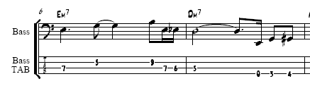small example of standard notation and the corresponding tab notation